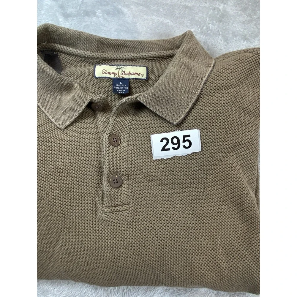 Tommy Bahama Polo Shirt Mens Large Brown Golf 70% silk 30% Cotton‎ Pique Knit